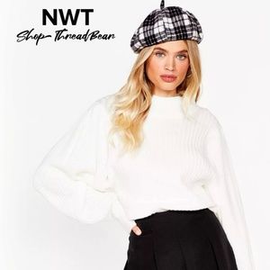 Ivory [Nasty Gal] Balloon Sleeve Knit Sweater | NWT Cream Mock Neck Top | Medium